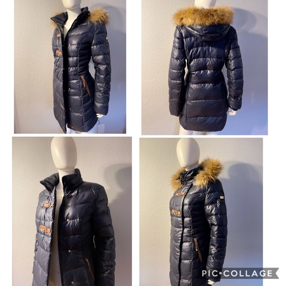 NWT WOMEN WINTER DOWN PUFFER REAL RACCOON FUR TRIM HOOD NAVY‎ PARKA COAT JACKET - Picture 5 of 11